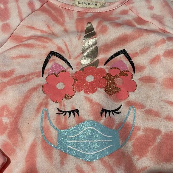 Btween 6 pink white tye dye sweatsuit unicorn glitter facemask worn once euc - Picture 2 of 8